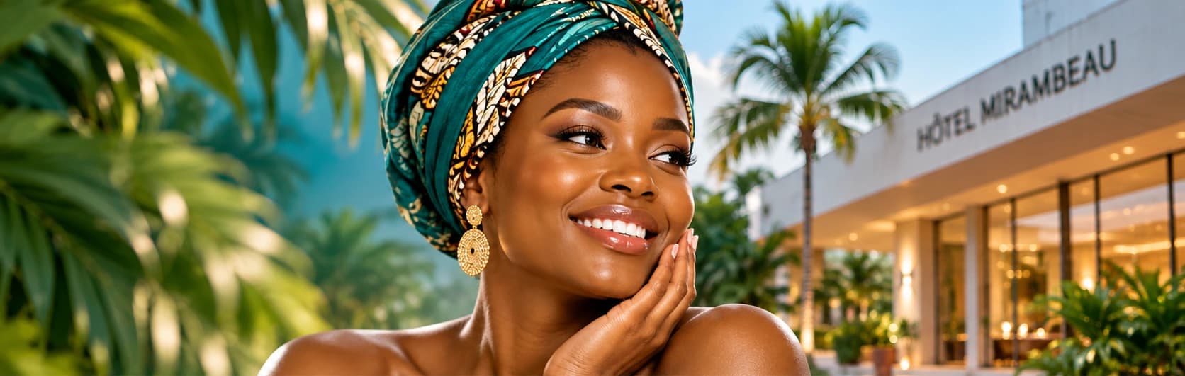 Femme souriante au foulard traditionnel turquoise et doré, la main sur la joue, devant l'Hôtel Mirambeau à Lomé